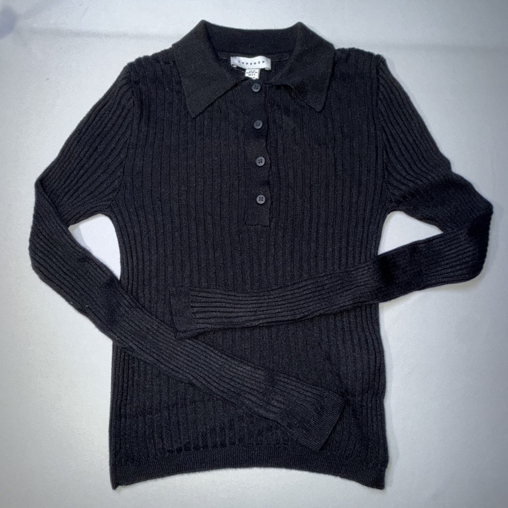 Topshop Womens Ribbed Button Front Top Long Sleeve Black Crop Top CollaredXS NWT